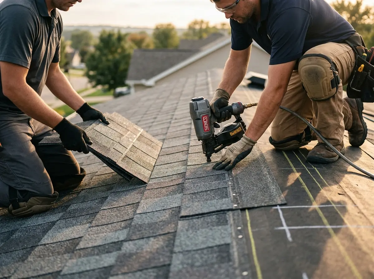 Professional roofer working on a residential roof in Millis